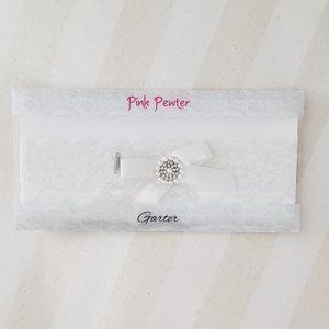New Pink Pewter wedding white lace garter with ribbon, pearls and rhinestones